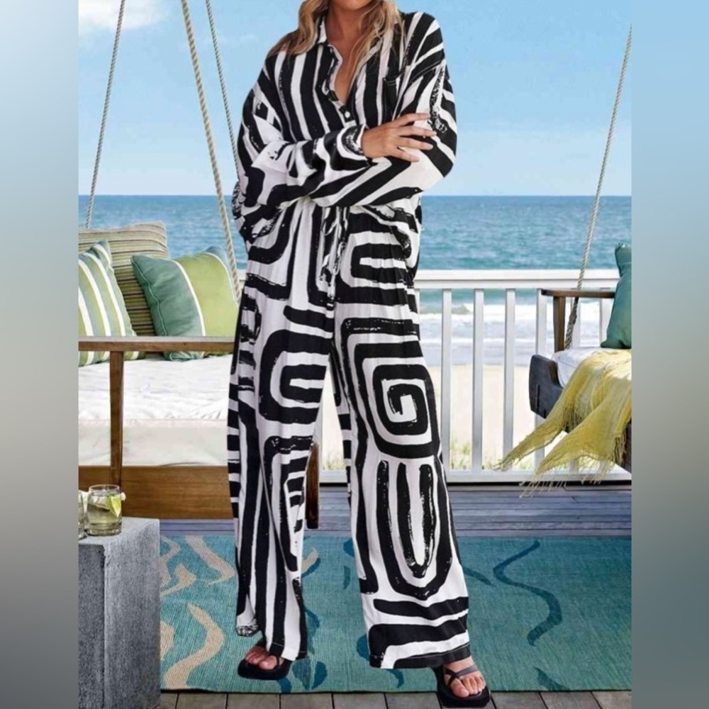Casual Loose Fit Striped Shirt & Trouser Pants Drop Shoulder Top Two-Pie… - Picture 3 of 3